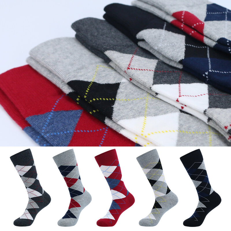 Носки мужские полосатые с рисунком ромбиками, качественные носки в клетку из чесаного хлопка с геометрическим узором в стиле Харадзюку, Рождественский подарок
