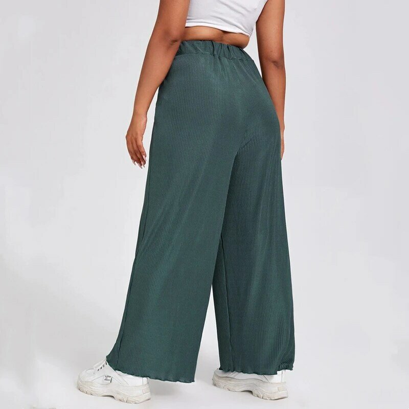 Plus Size elastyczne w talii letnie eleganckie spodnie z szerokimi nogawkami luźne żeberka z dzianiny proste spodnie Plus rozmiar damskie spodnie