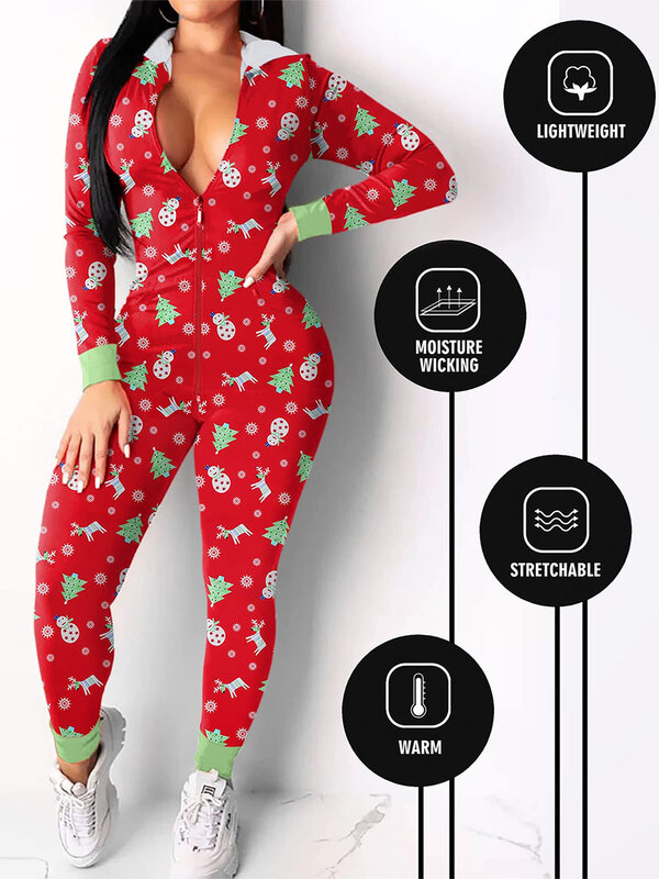 女性のフード付きクリスマスパジャマ,ロンパース,かわいいプリント,長袖,ジッパー,ジャンプスーツ,パジャマ