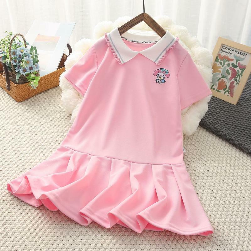 Anime Sanrios Girl Dress Kawaii My Melody Kuromi Kids Short Sleeve Princess Skirts Cute Pleated Skirt Preppy Summer Kids Clothes