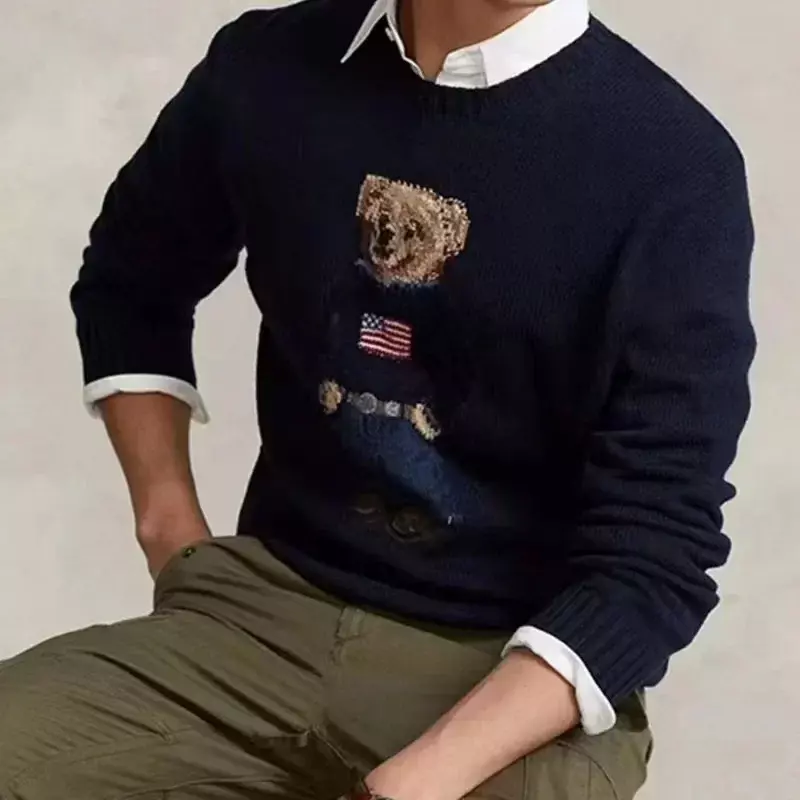 Sweater rajut pria, Atasan katun musim gugur musim dingin, Sweater Wool beruang RL, pullover mode kasual 2023