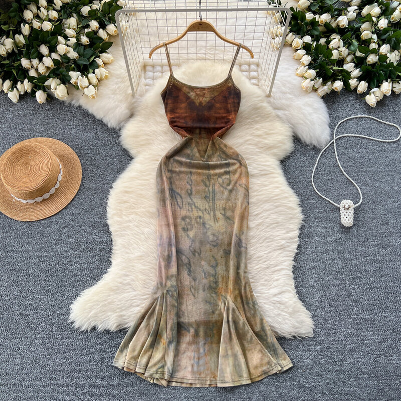 Elegant Sexy bow print backless  off shoulder slip Sleeveless Dress Vintage Slim summer sweet mermaid dresses