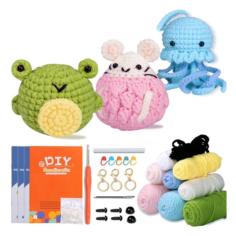 Kit de crochê para iniciantes com vídeo passo-a-passo, Kit animal de crochê, adequado para crianças e adultos, conjunto de 3