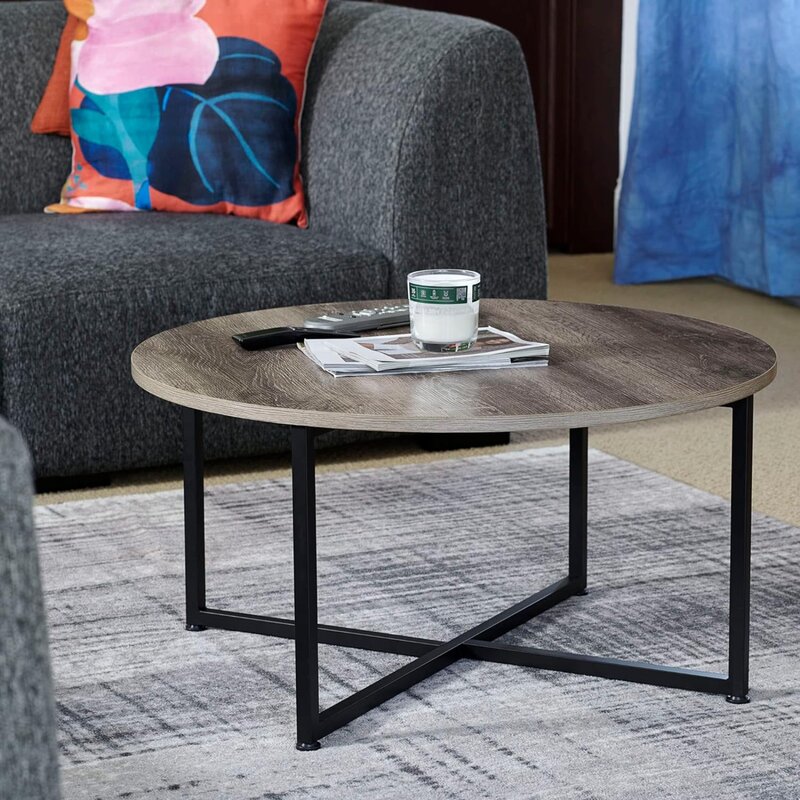 US Jamestown-mesa de centro redonda, mueble rústico de madera de Fresno, grano y Metal negro, 31,5x31,5, color topo