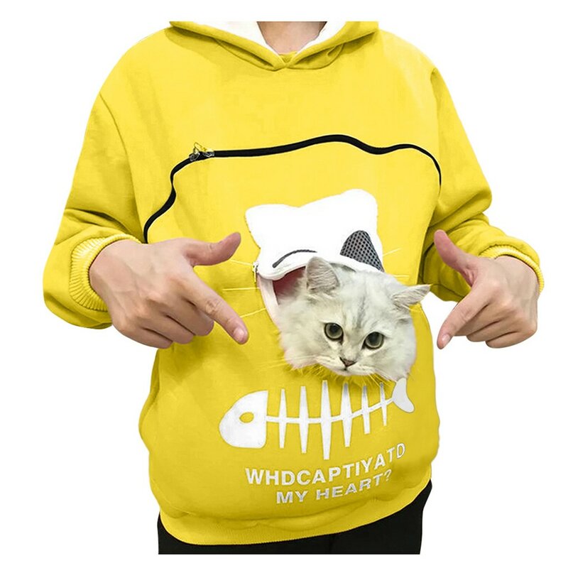 Dames Pocket Cat Hoodies Cat Nest Top Ademende Sweatshirt Grote Zak Cat Pouch Pullover Schattige Dames Blouse Capuchon