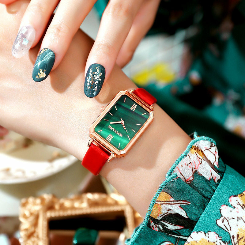 Luksusowa tarcza do zegarka malachitowego dla kobiet Lady Quartz Square cyfrowe zegarki skórzany pasek na rękę zegarki wodoodporne prezent