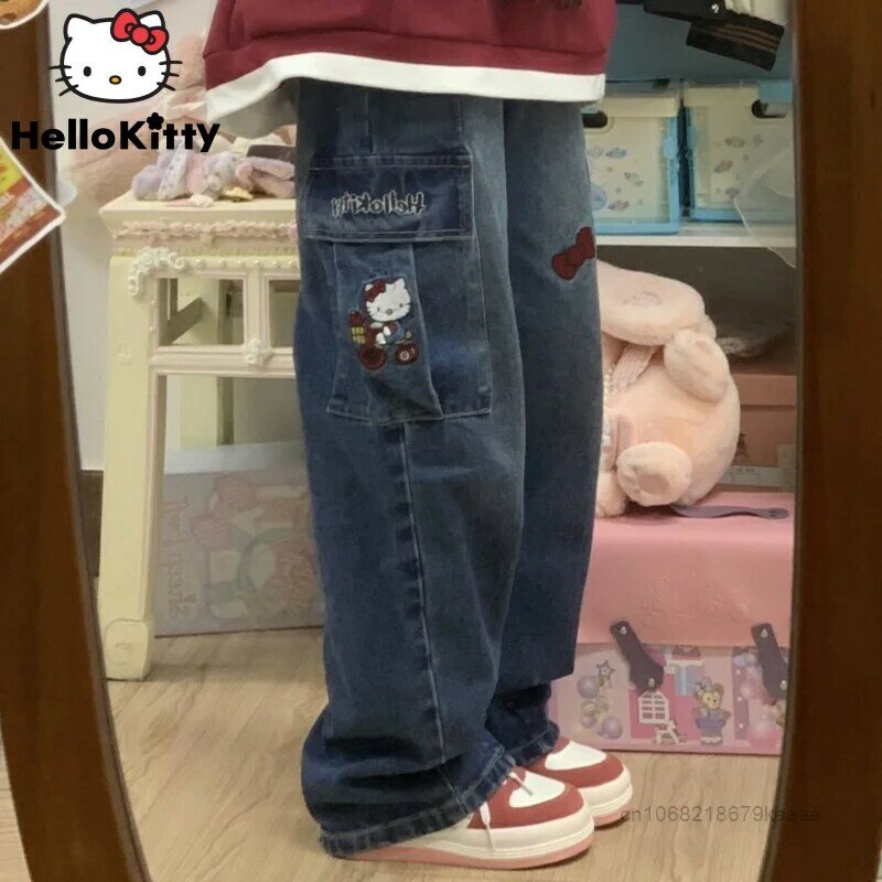 Женская джинсовая одежда Sanrio, Hello Kitty Y2k, модные джинсы с широкими штанинами, уличная одежда, винтажные брюки, женские прямые джинсы с аниме
