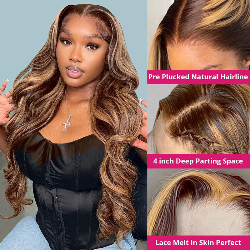 Honey Blonde Body Wave Lace Front Wig para mulheres, cabelo humano, destaque, 13x4, 13x6, 30 ", 40"