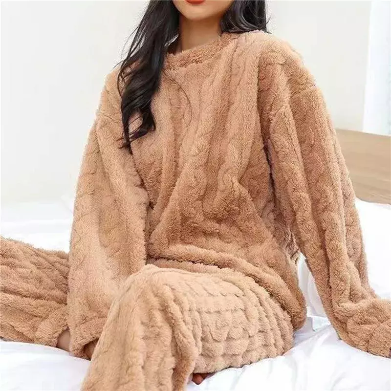 Piece Winter Home Set Solid O-neck Fleece Sleepwear Velvet Wear Pajamas Women Suit Fluffy Piiama 2 MUYOGRT Warm Pant Night
