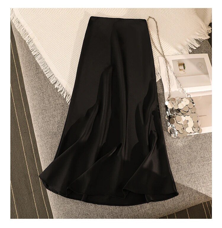 Falda larga de seda satinada para mujer, prenda elegante de cintura alta, color liso, a la moda, para oficina, novedad de 2024