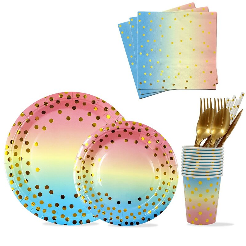 Descartável Rainbow Gradient Color Tableware Set, Bronzing Dot Paper Plate, Cup, Aniversário, Baby Shower, Festa de Casamento, 10 Convidados