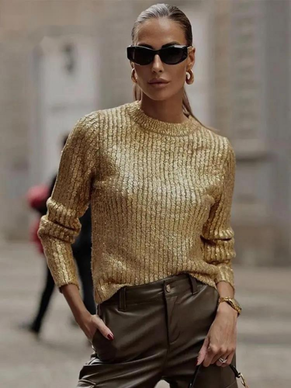Fashion Gold O Neck Sweaters for Women 2023 Autumn Winter Causal Long Sleeve Knit Pullover Elegant Office Ladies Loose Jumpers