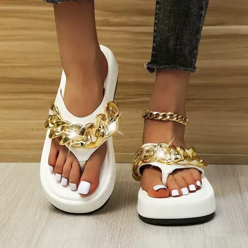 Ladies Shoes on Sale 2024 New Summer Women's Slippers Metal Decoration Open Toe Mid Heel Water Proof Large Size Thong Slippers