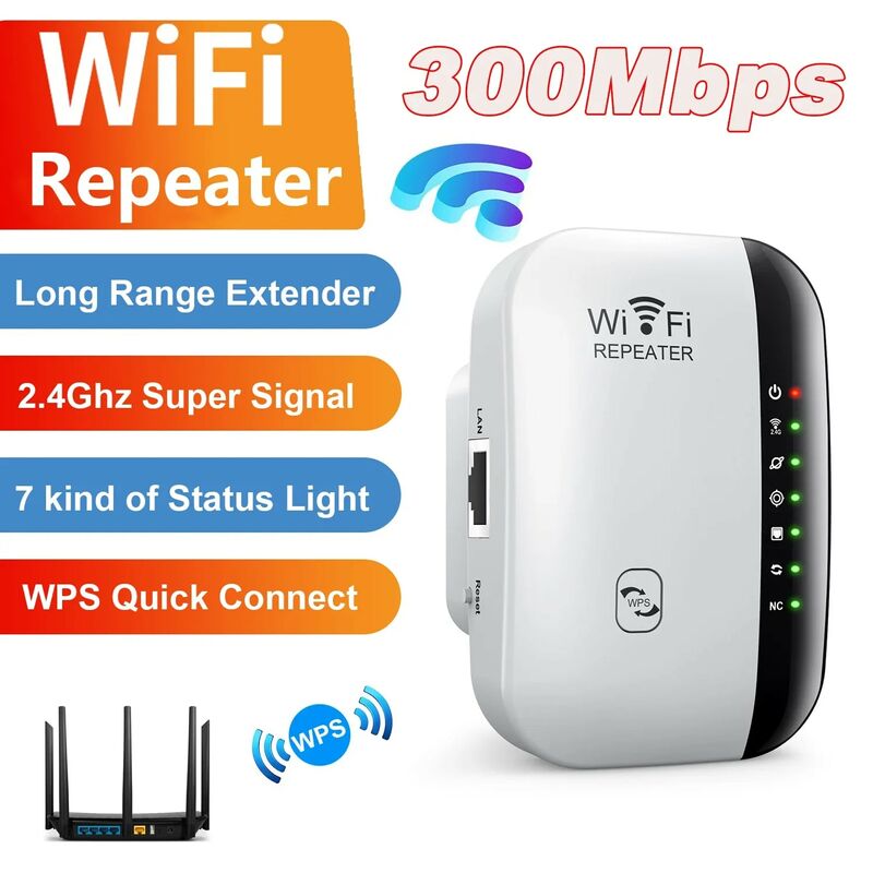 Penguat wi-fi Repeater 300Mbps nirkabel, Router penguat wi-fi 802.11N WPS jarak jauh 7 Status lampu pengulang WiFi untuk PC