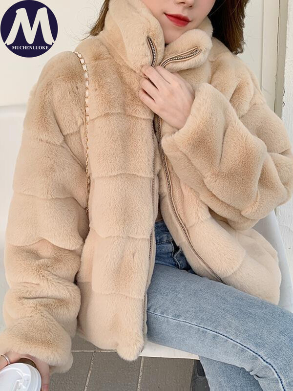 Mantel bulu palsu musim gugur/dingin baru elegan Mink imitasi beludru berdiri kerah mantel hangat mode kasual longgar mantel bulu buatan