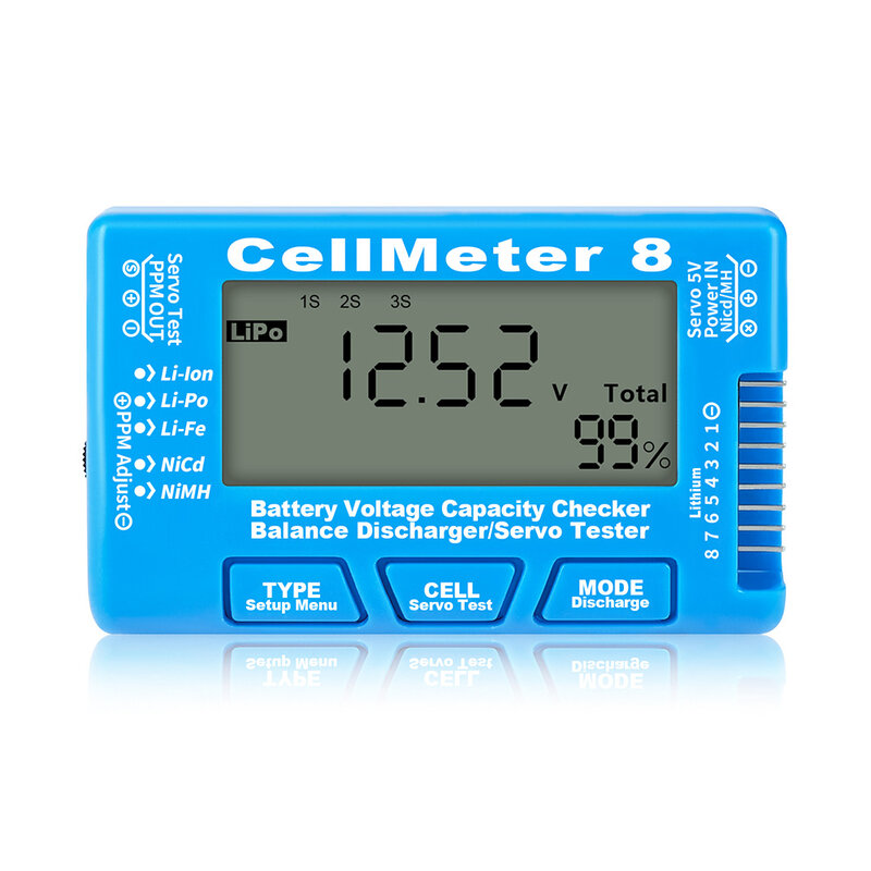 CellMeter8 Testador de Capacidade da Bateria, Display Digital LCD, Compatível com LiPo, Li lon, Li Fe, NiCd e NiMH Baterias