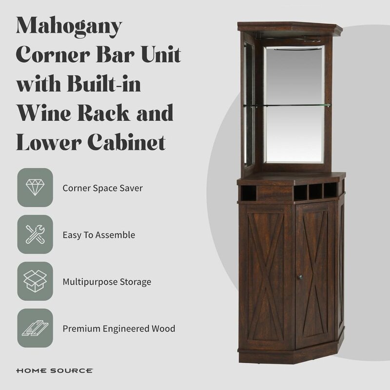 73" Tall Corner Storage Cabinet with Wood Doors, Wine Rcak, Liquor Glass Holder, Glass Design Large Rustic Bar Hutch