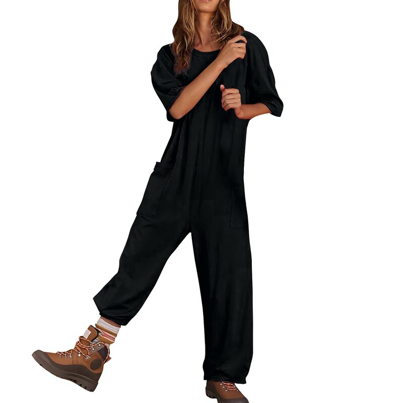 Baju kodok wanita, jumpsuit warna Solid lengan pendek leher bulat mode longgar Streetwear kasual baju monyet