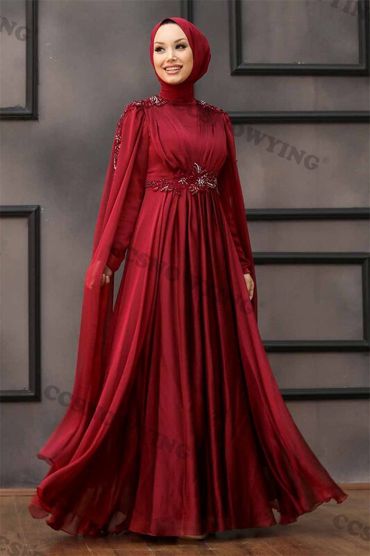 Elegant Gentle Appliques Long Sleeve High Neck Chiffon Formal Occasion Dresses Arabic Dubai Kaftan Evening Dress