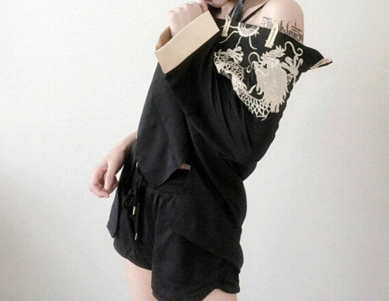 Black Retro Women's Chinese Shirt Embroidery Casual Clothing Printing