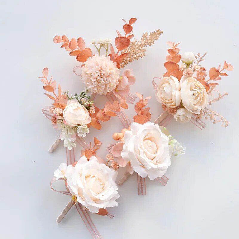 Artificial Hand Flower Corsage, suprimentos do casamento, banquete para convidados, pó de pêssego, noiva e noivo, 2403