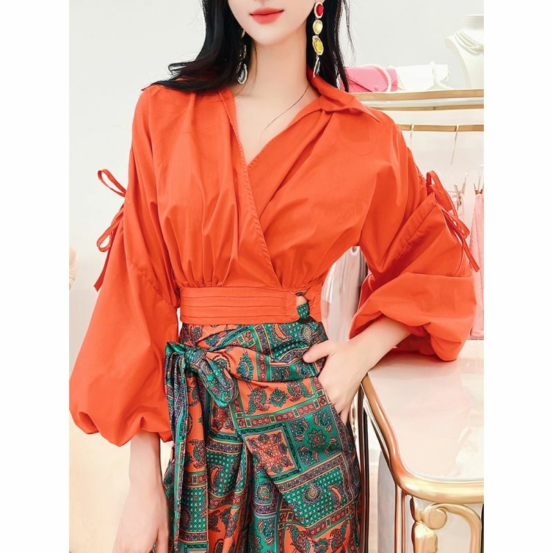 High-end Fashion Holiday Suit 2023 Spring New Women's Puff Sleeve Top High Waist Wide Leg Pants Explosive Trend
