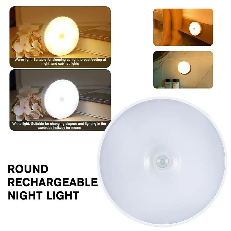 LED Round Night Light USB Rechargeable Wall Night Lamp Kitchen Bedroom Hallway White Nightlight Bathroom Staireway Home X2A0