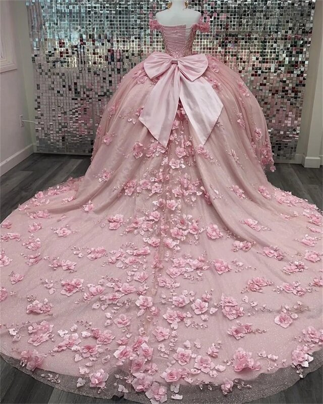 Pink Princess Quinceanera Dresses Ball Gown Off The Shoulder Floral Pearls Sweet 16 Dresses 15 Años Custom