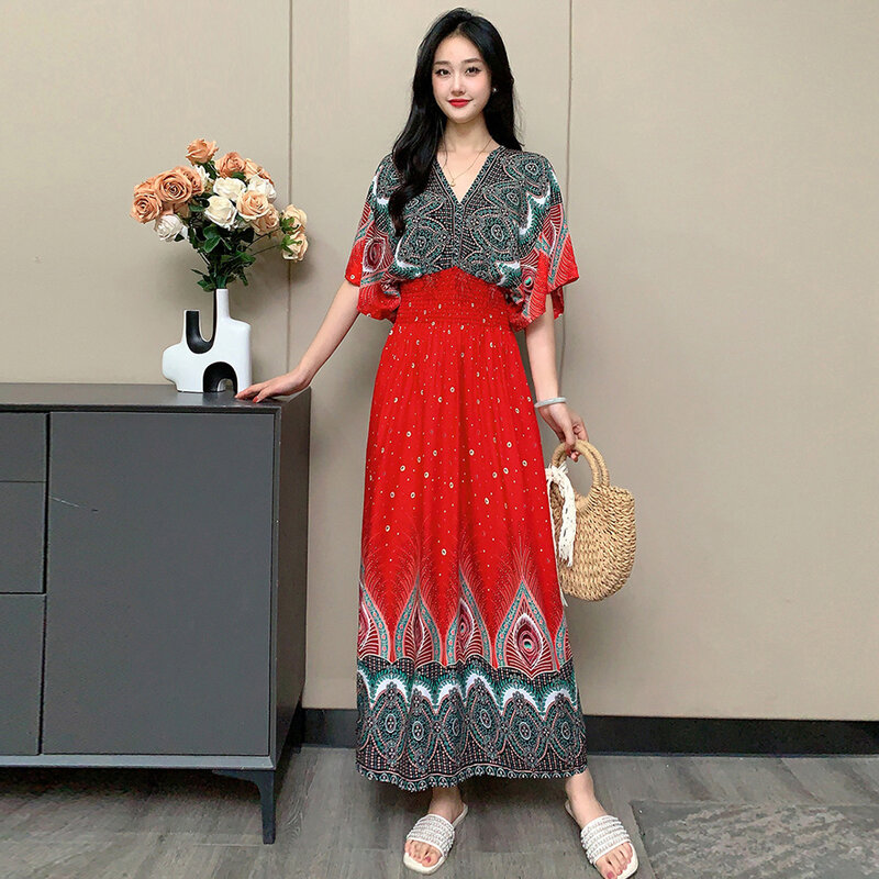 Robe Women Casual Elegant Retro Bohemian V Neck Bohemian Korean Print Summer Long Dress Clothes Outerwear Holiday Style