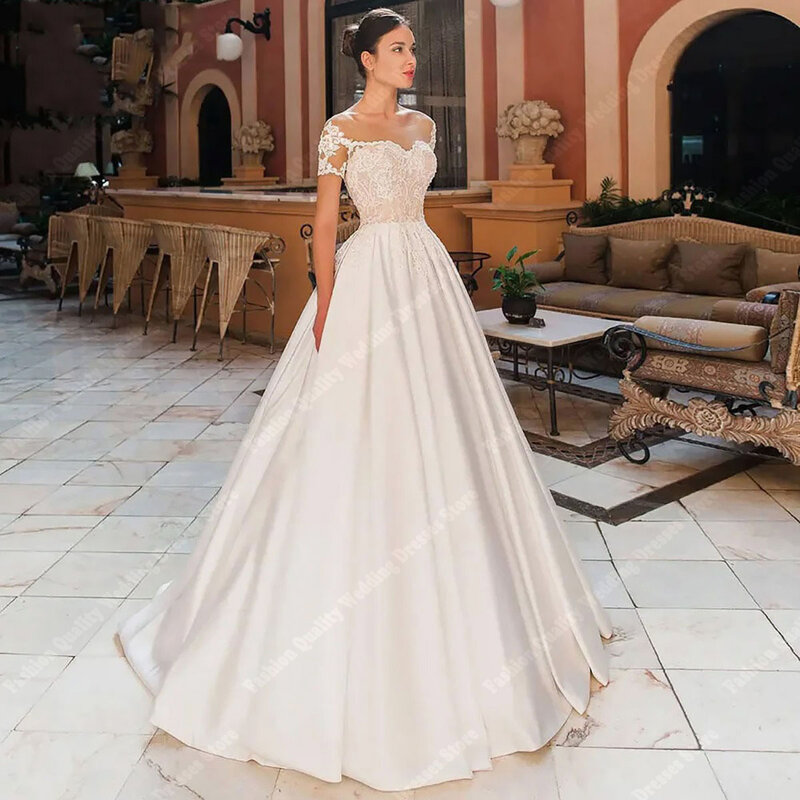 Wspaniałe damskie suknie ślubne o linii A księżniczka błyszczące suknie ślubne nowe formalne z odkrytymi ramionami krótkie rękawy Vestidos De Noche
