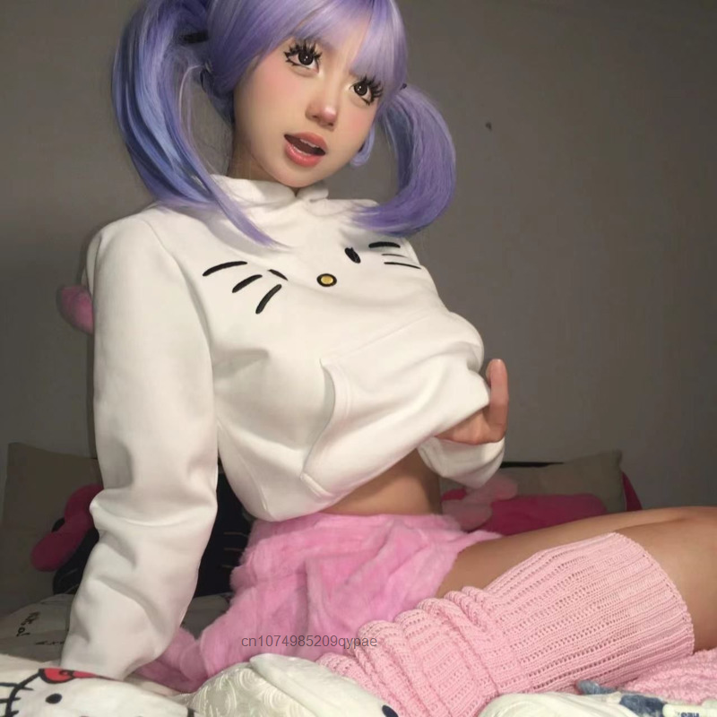 Sanrio Hello Kitty krótkie topy kobiety odzież z nadrukiem kreskówki Y2k słodka dziewczyna bluza jesienna nowa bluza pulowery Kawaii płaszcz 2023