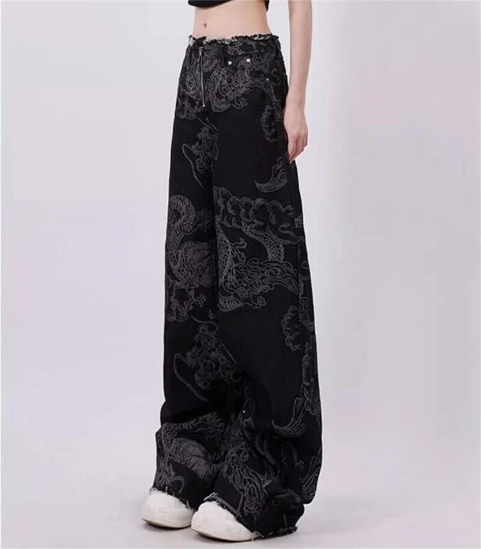 กางเกงยีนส์พิมพ์ลายโกธิคสีดำสำหรับผู้หญิง Y2k ฮาราจูกุ2000s กางเกงยีนส์ขากว้างทรงแบ็กกี้ไซส์ใหญ่เกินไปเสื้อผ้าวินเทจ trashy