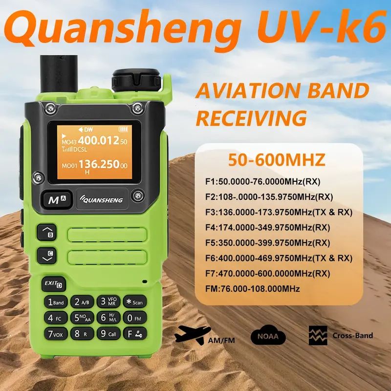 Quansheng-UV-K6 Walkie Talkie, 5W, banda de ar verde, tipo C carga, FM, 50-600MHz, VHF, UHF, freqüência sem fio, dois sentidos, rádio CB, K5 8