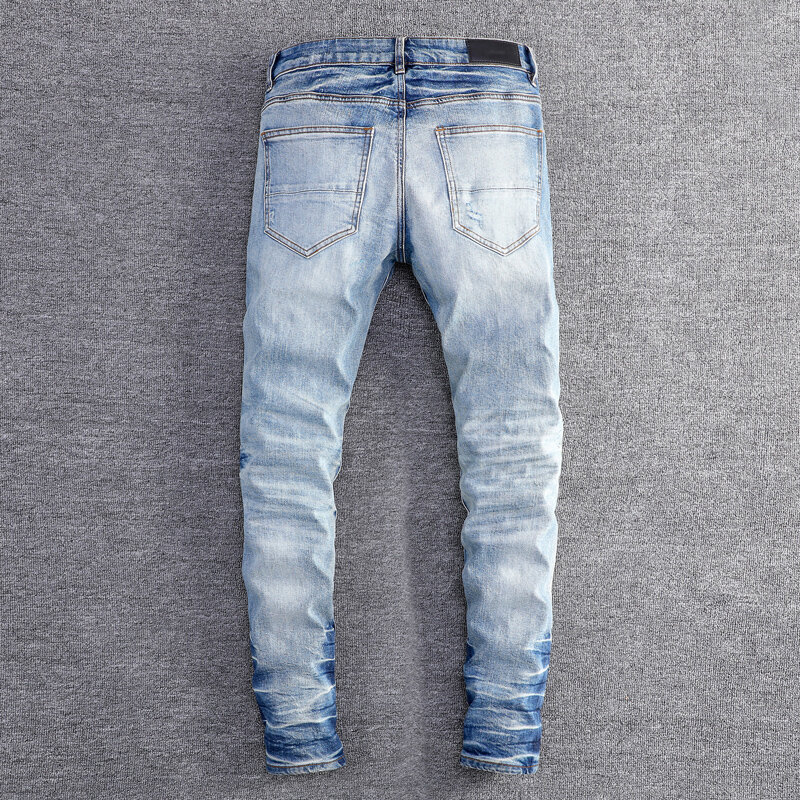 Джинсы мужские Стрейчевые в стиле ретро, модные рваные джинсы скинни, бандана, дизайнерские Брендовые брюки с заплатками в стиле хип-хоп, синие