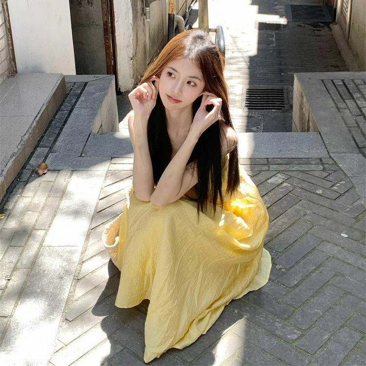 Korea Sleeveless Dresses Women Backless Slash Neck Spring Summer Fashion Holiday Sweet Fairy Elegant Party Sexy Ladies