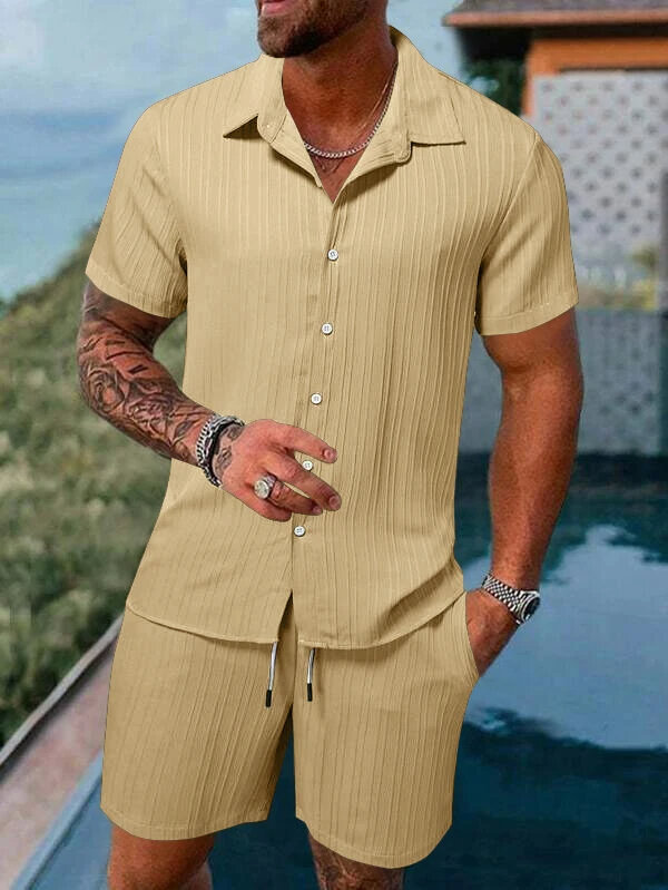 Setelan baju pantai untuk pria, set baju pria motif 3d garis padat, baju kasual lengan pendek, celana pendek pantai ukuran besar, pakaian setelan Hawaii, pakaian jalanan musim panas