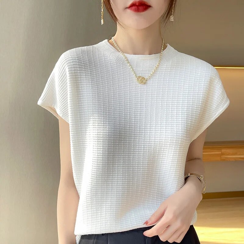 Spring Summer Knitwear Short Sleeved Thin Solid Color Fashion T-shirt Versatile Pullover Knitted Sweater New 2024 Female Top