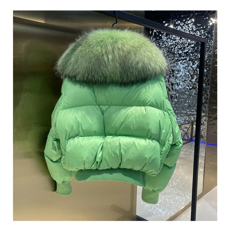 Jaqueta de pato de manga comprida feminina, casaco de pele real, colarinho de pele grande luxuoso que combina tudo, casaco solto de inverno, branco, jaqueta de pão coreano, 2022