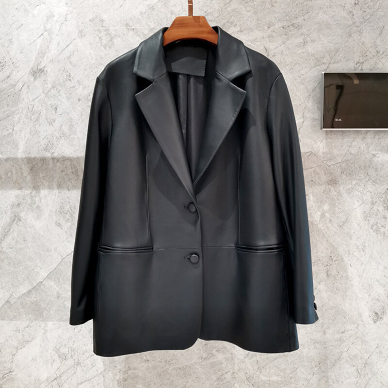 Julypalette mantel Blazer kulit asli untuk wanita, jaket kulit domba asli dengan kancing kerah Lapel baru 2023