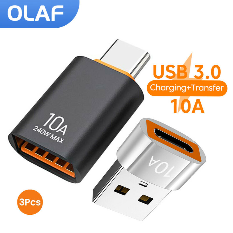 OTG USB 3.0 to C타입 어댑터, USB 암 to C타입 수 고속 충전 어댑터, 샤오미 삼성 노트북 PC용, 10A