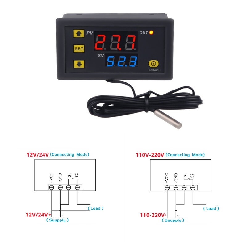 Termostat Display LED Kontrol Suhu Digital Garis Penyelidikan Mini W3230 dengan Instrumen Kontrol Panas/Pendingin 12V 24V 110-220V