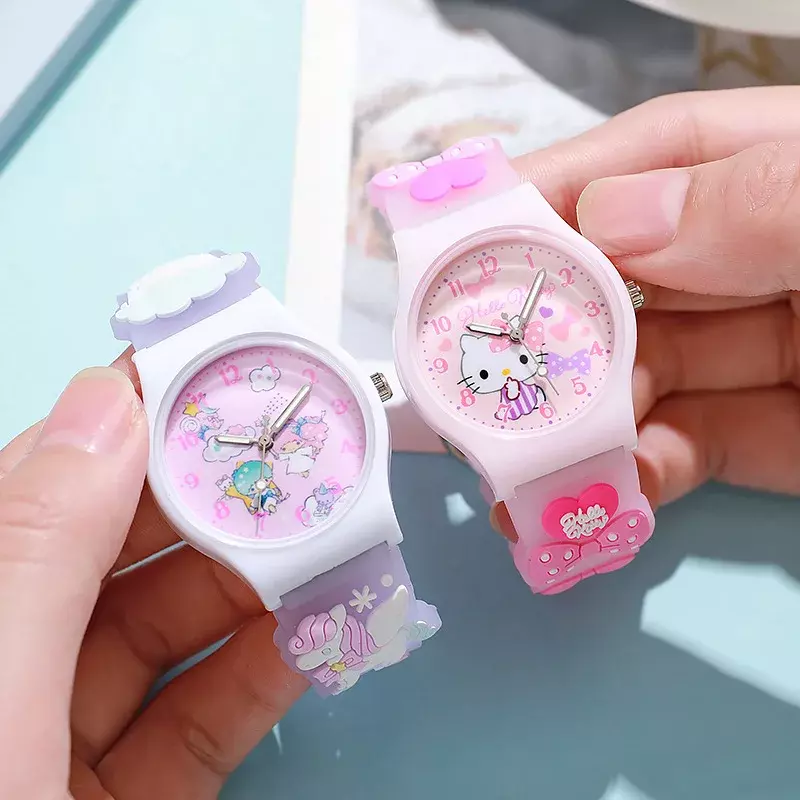 Hello Kitty Sanrio นาฬิกาการ์ตูนน่ารักสำหรับเด็ก, นาฬิกานักเรียนลายเมโลดี้คุโรมิของขวัญนาฬิกาข้อมือควอทซ์ความงามสูงขายส่งจุด