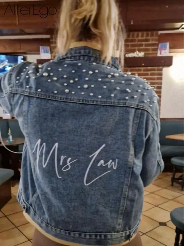 Custom Bride Denim Jacket Pearl Mrs Bachelorette Jean Jackets Hen Party Gift Wedding Day Outerwear Bridesmaid Personalised Coats
