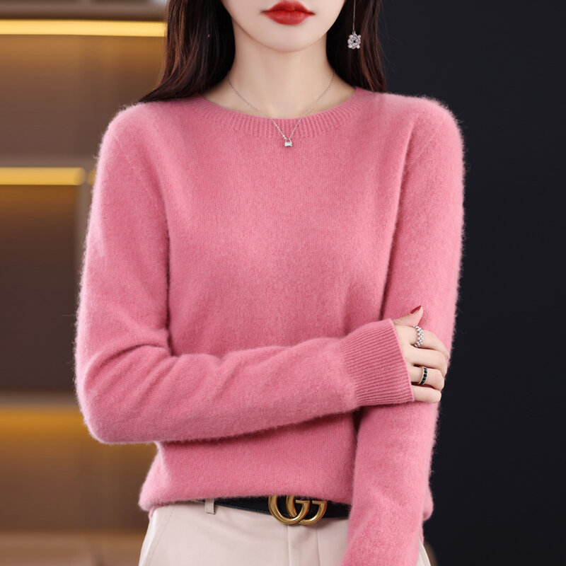 Женский базовый кашемировый свитер, трикотажный пуловер с длинным рукавом и круглым вырезом из 2023 чистой мериносовой шерсти, вязаная одежда, новинка 100%