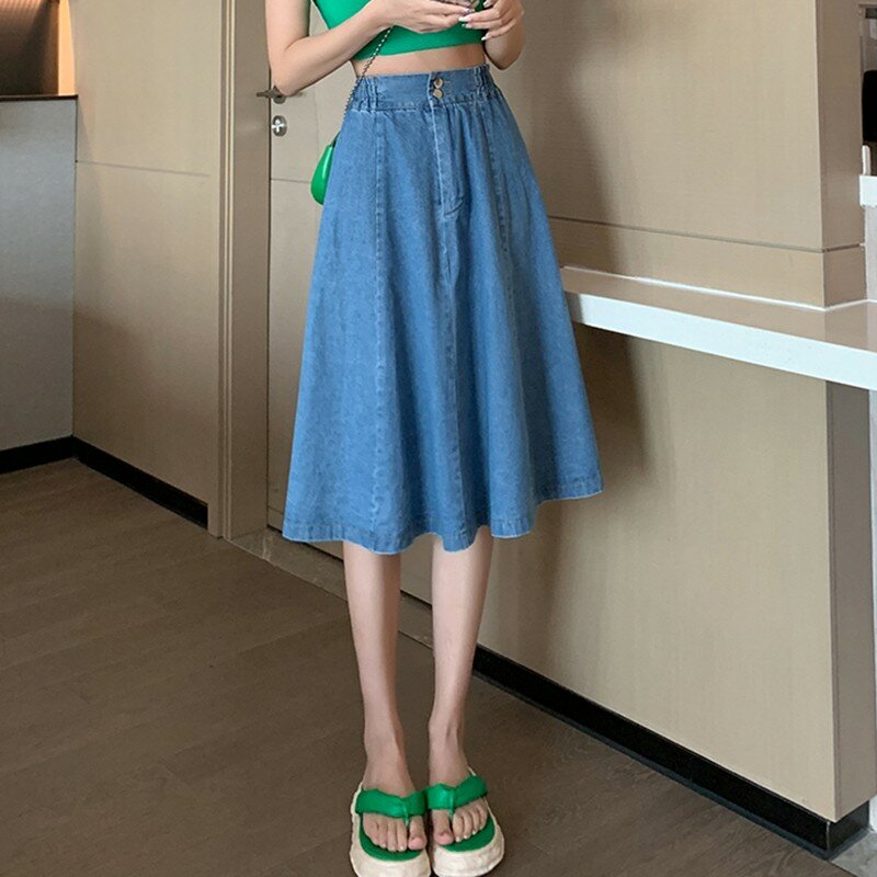 High Taille Casual Rock Frauen Neuankömmling Frühling koreanischen Stil einfarbige Denim Basics Damen elegante A-Linie Röcke w1715