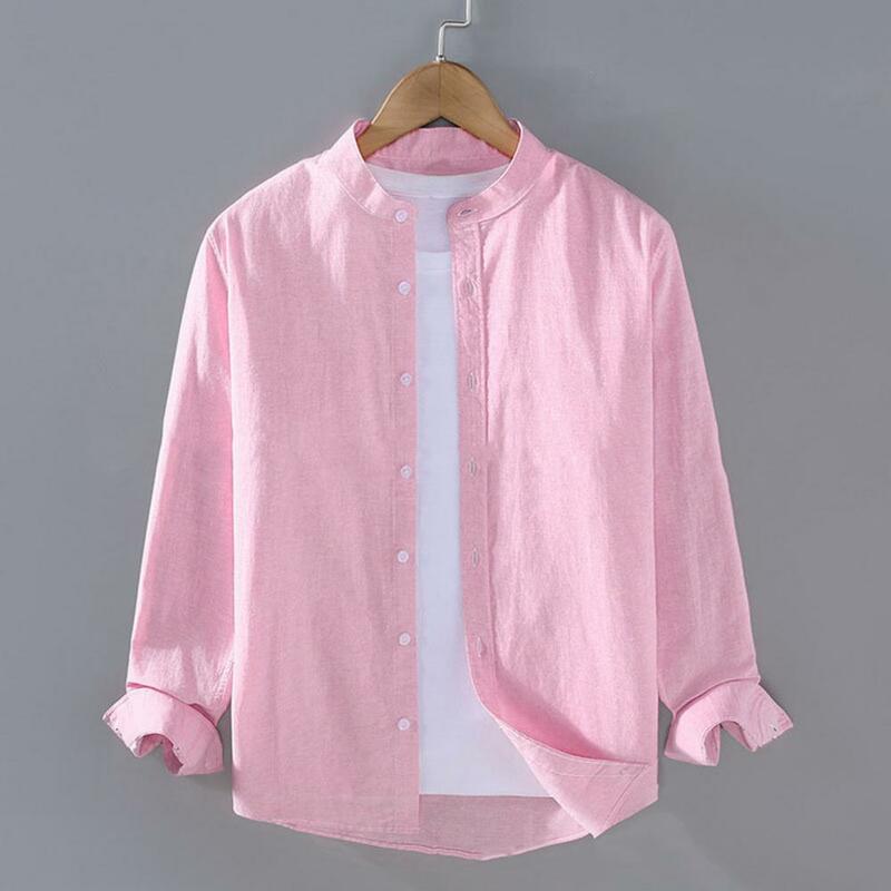 Camisa de linho de algodão com gola alta masculina, manga comprida, peito único, botões cardigan, tops de negócios, cor sólida