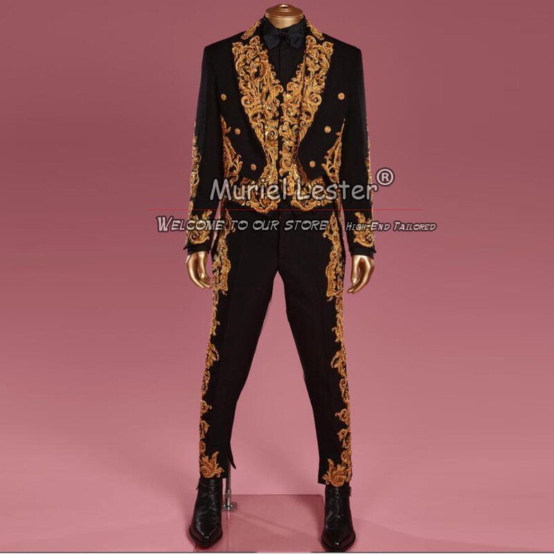 Trajes de diseño italiano para hombre, blazer de graduación con apliques dorados de lujo, esmoquin de novio hecho a medida, ropa de moda, 2 piezas