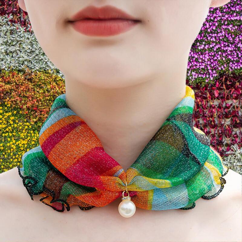 Syal wanita sifon Organza dekorasi mutiara imitasi kerah leher tabir surya wanita cetakan syal Loop tipis aksesori leher