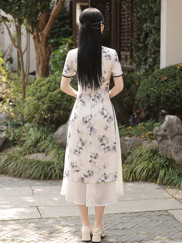 Hochwertige Mode verbessert Seide Aodai Cheong sam Print Kurzarm Vintage Kleid Frauen Kostüme Qipao s bis 4xl