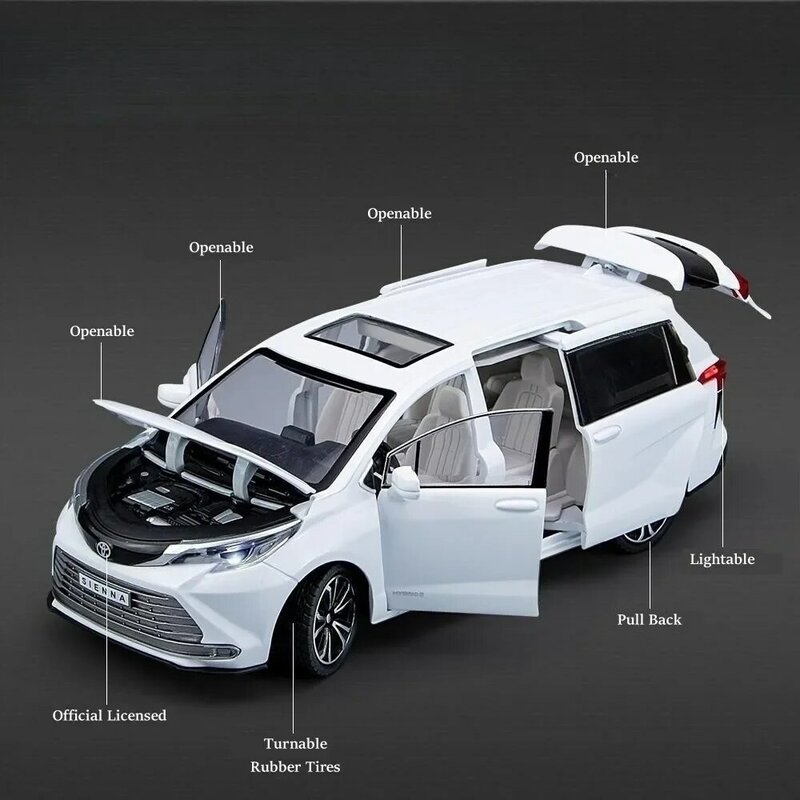 تويوتا سيينا MPV نموذج سيارة دييكاست ، سحب مصغر للخلف ، صوت وإضاءة ، لعبة أبواب قابلة للفتح ، مجموعة هدايا للأولاد ، الأطفال